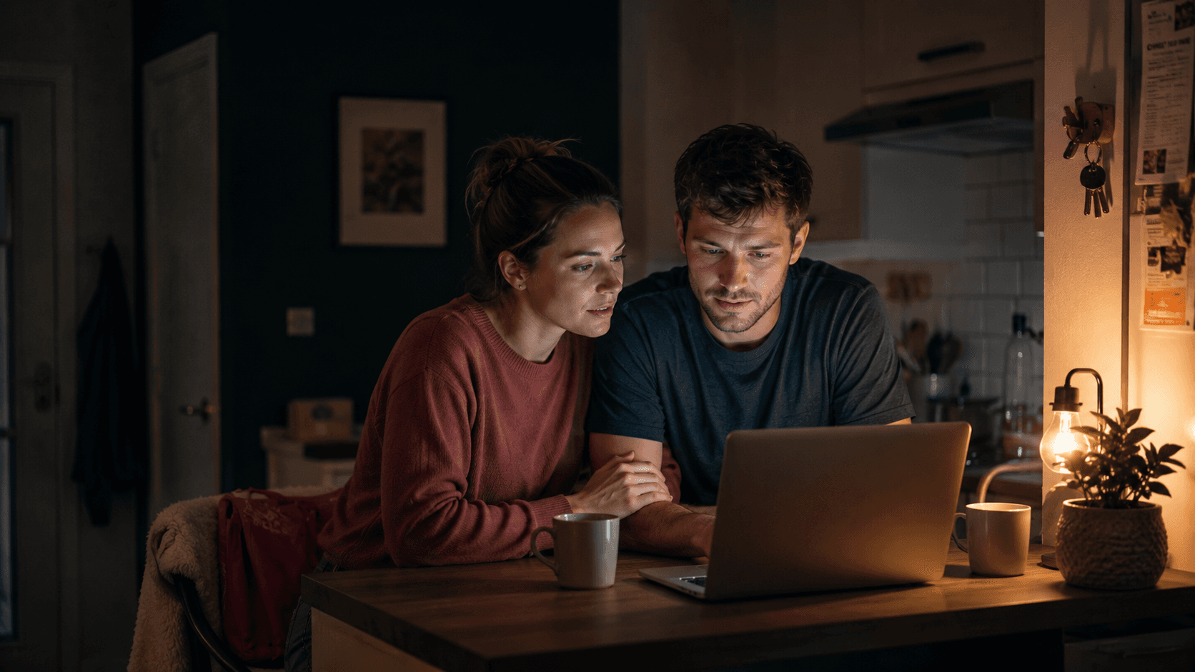 A couple sit close at a kitchen island in lamplight, sharing a laptop